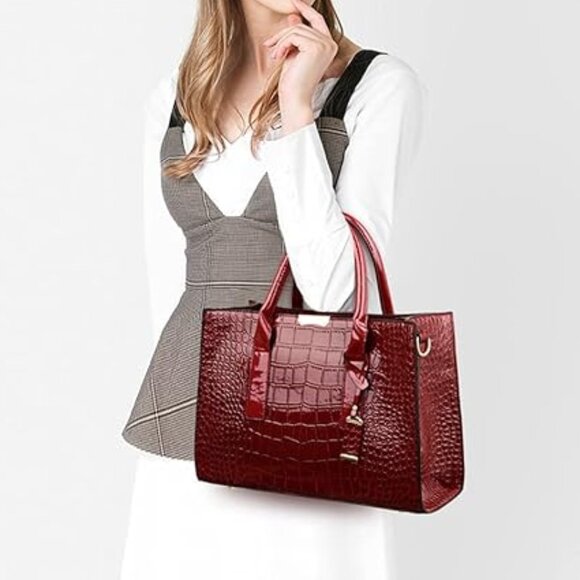 Burgundy and Red Faux Crocodile Embossed patent leather top handle Crossbody Bag - Picture 2 of 16